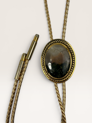 Vintage Moss Agate and Brass Bezel Bolo Tie