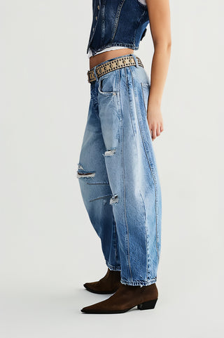 Easy Does It Distressed Barrel Jeans