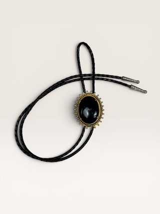 Vintage Black Onyx and Brass Bezel Bolo Tie