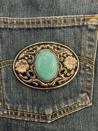 Faux Turquoise Flower Belt Buckle