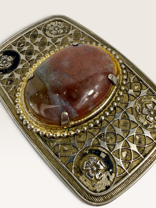 Vintage Red Agate and Floral Engraved Belt Buckle