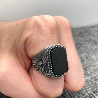 Black Agate Stainless Steel Carved Biker Ring