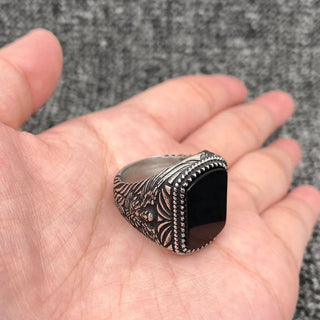 Black Agate Stainless Steel Carved Biker Ring