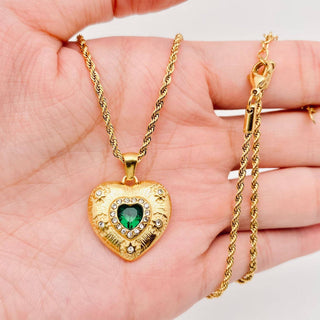 Green Zircon Stainless Steel & Gold Heart Pendant Necklace